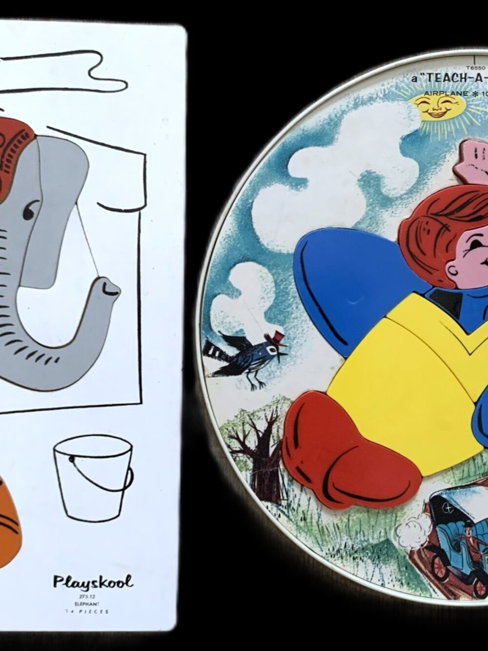 2 Vtg 1950s-60s Child's Puzzles Playskool Elephant / Magnetic Teach-Tot Airplane